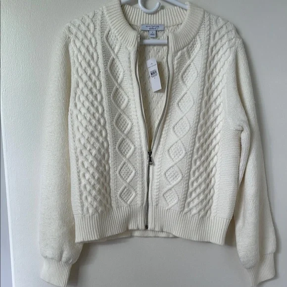 Ann Taylor Cream Cardigan with Cable Knit and Ribbed Cuffs - Picture 3 of 4